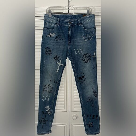 Asos Men's Skull Roses Skinny Jeans Size 33 - Picture 1 of 10